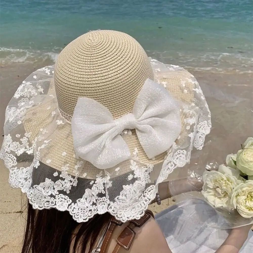แฟชั่นฟางผีเสื้อหมวกฟางโบว์ริบบิ้นขนาดใหญ่ Brim หมวกบังแดด UV ป้องกันหมวกชายหาดแบบพกพา Travel