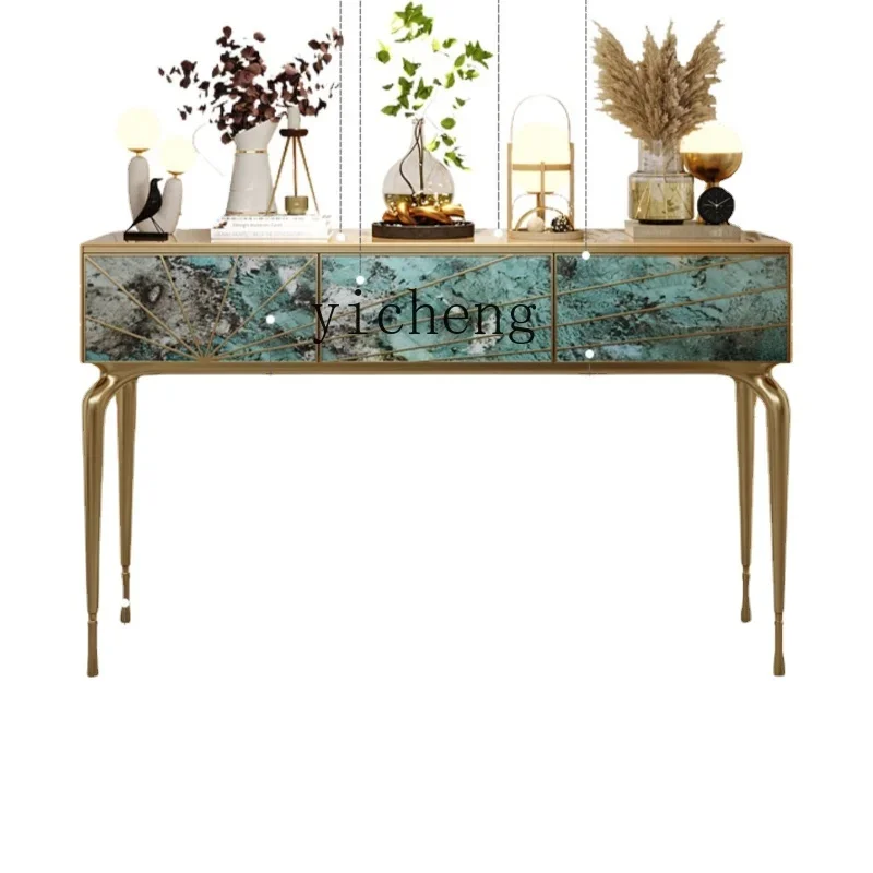 YY Style Light Luxury Console Green Luxury Stone Console Tables High Sense Entrance Cabinet