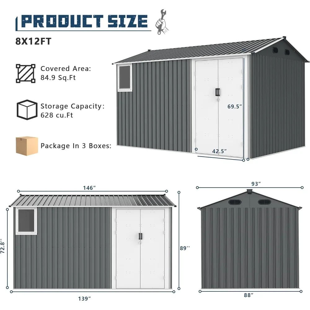 منازل جاهزة 8 × 12 قدم سقيفة تخزين خارجية سقيفة حديقة أداة تخزين الدراجة مع إطار معدني وباب قابل للقفل للفناء Ss #2