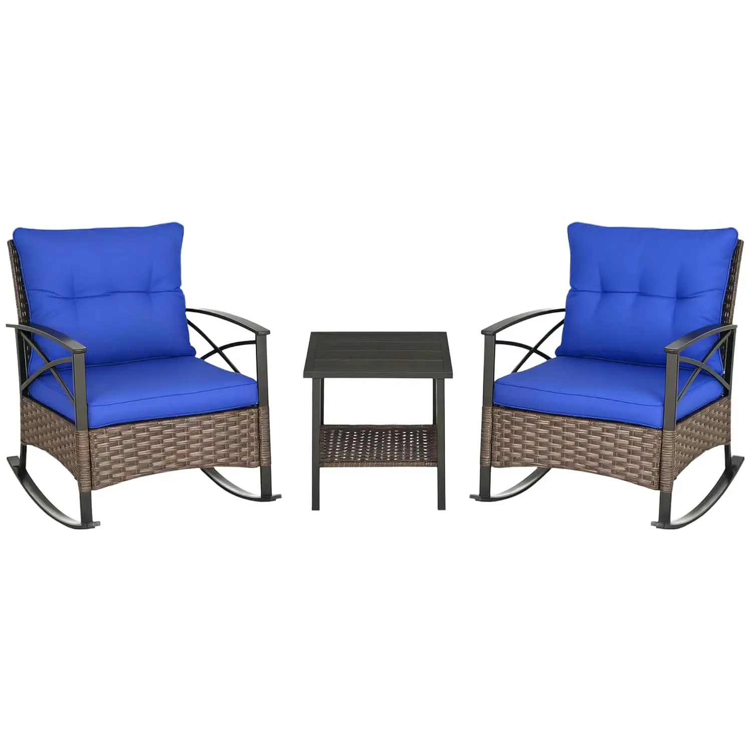 

3 Piece Patio Rocking Chair Set, Outdoor Wicker Bistro Set with 2 Cushioned Porch Rockers and 2 Tier Coffee Table, Customized