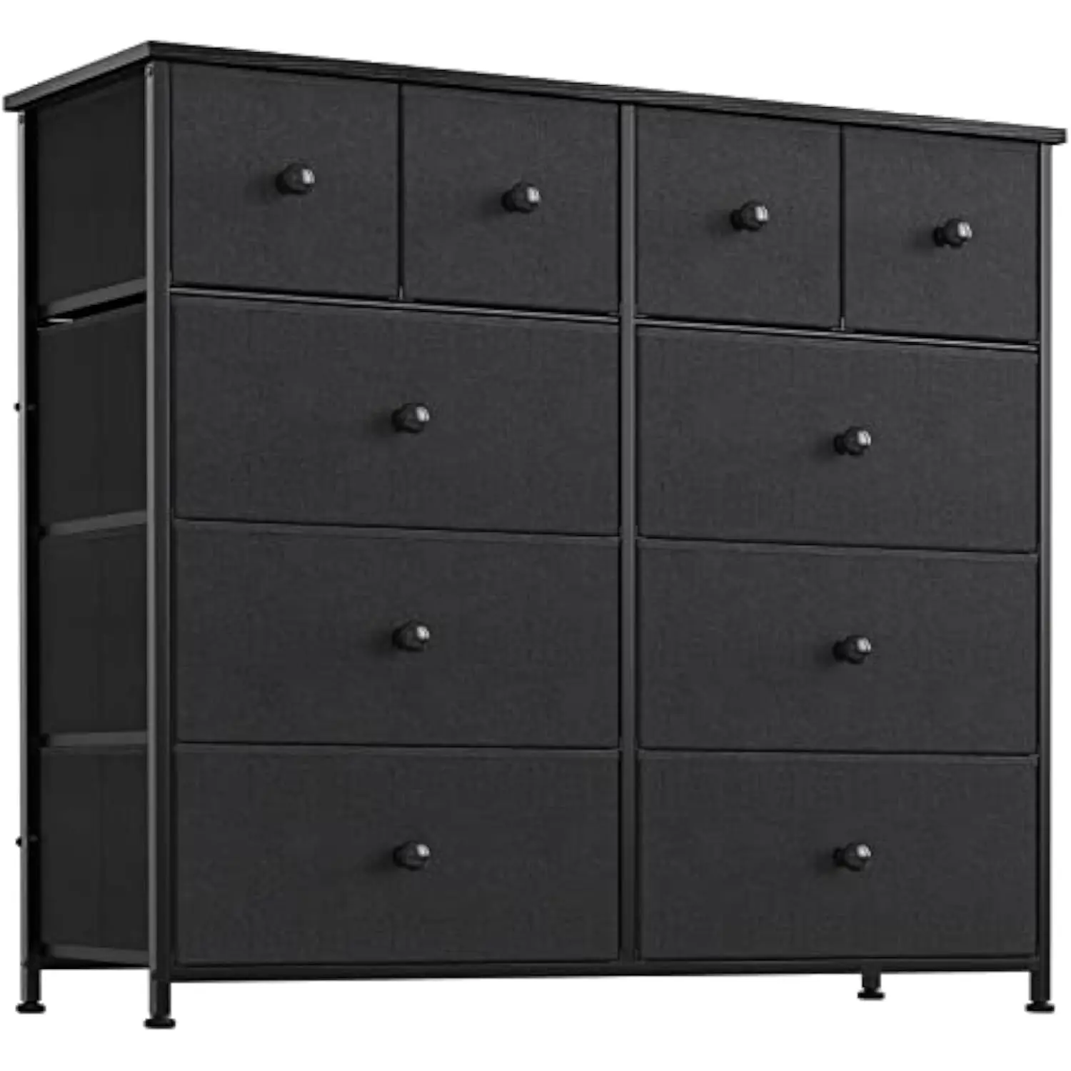 Dresser for Bedroom with 10 Drawers Wide Black Wood Top Fabric Storage Tower Sturdy Steel Frame Storage Organizer Living Room