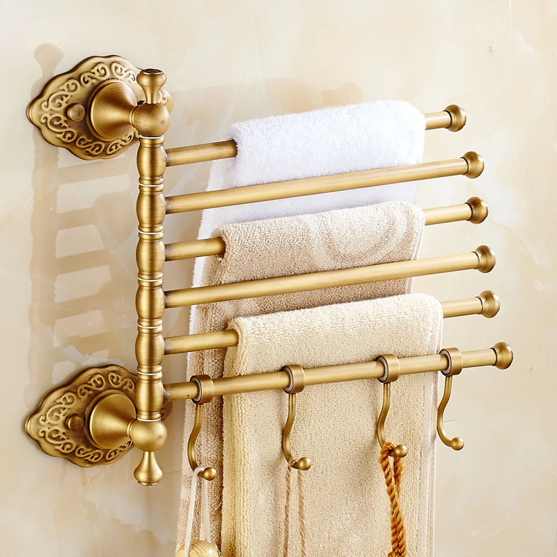 European Retro Thick All Copper Towel Pole Antique Rotating Movable Double Pole Towel Rack Light Luxury Multi Pole Towel Hanger,