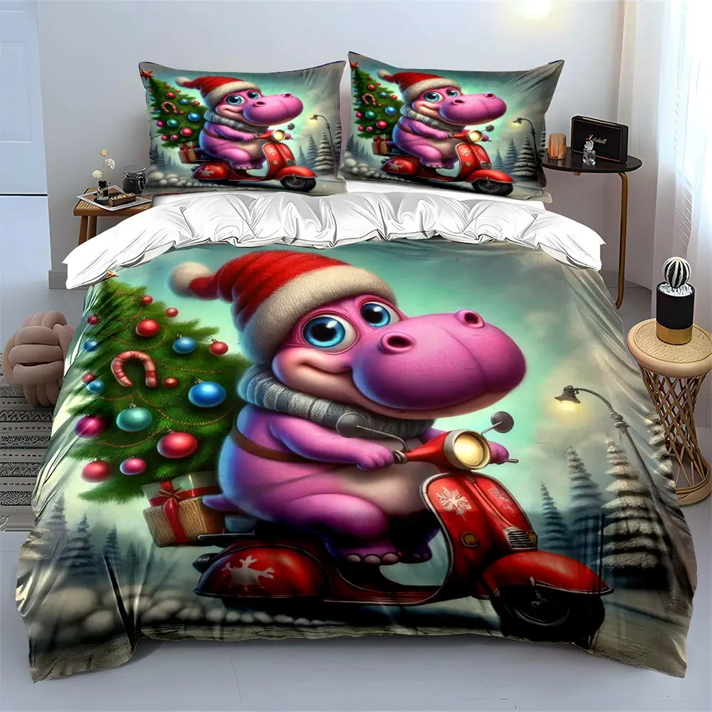 A purple hippo dressed in Christmas attire rides a red motorcycle Duvet Cover Bedding Set Included 1*Duvet Cover 2*Pillowcases