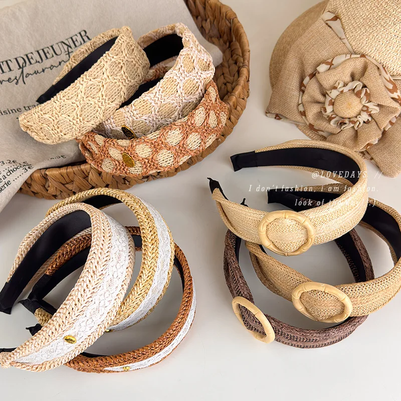 Headband Wide Straw Lace Retro Bamboo Button Crown Boosting Volume Vacation Beach Boho Hair Band for Women Daily