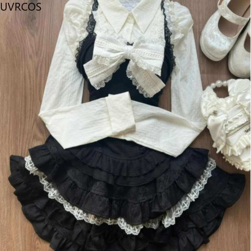 Y2k Aesthetic Lolita Style 3 Piece Set Women Kawaii White Shirt Bow Lace Vest Ruffle Mini Skirts Japan Fashion Gothic Skirt Suit