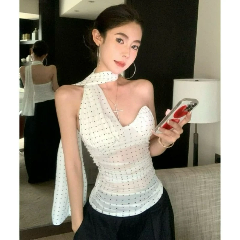 Off-the-shoulder Mesh Polka Dot Halter Top for Women Summer Fashionable Hot Girl Halter Top Chest Cushion Can Be Worn Outside