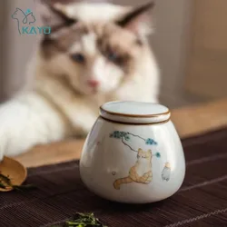 Glazed Painted Pet Urn Ceramic Cat Ashes Storage Memorial Jar Cartoon Pattern Mini Small Creative Personalized Sealed Funeral