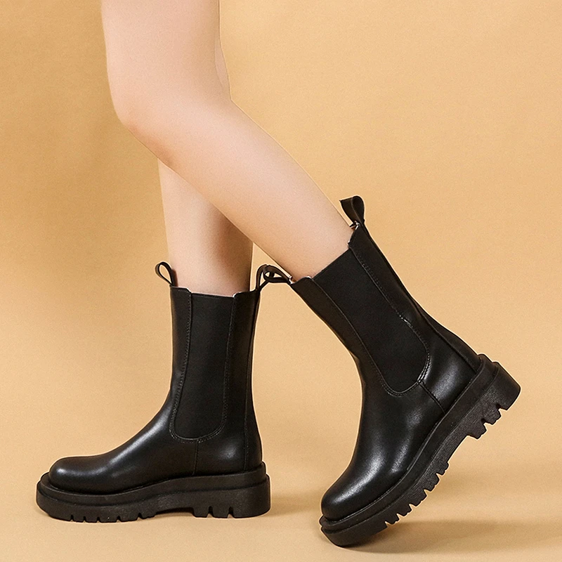 New Classics Chelsea Boots Women Black Ankle Boots Ankle Shoes High Genuine Leather Platform Short Boots Slip on Elastic Band