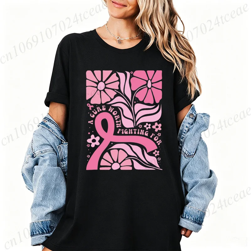 Boho Floral Breast Cancer Awareness Print Women's T-Shirt Short Sleeve T Shirt Pink Ribbon Women's T-Shirt Clothing Top Tee Gift