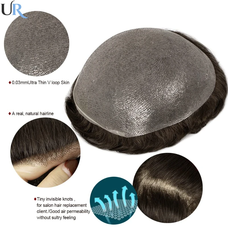 Ultra Thin Skin Men's Hair Systems 0.03-0.04mm V-Loop Full PU Men Toupee Wigs For Men 90% Density Breathable Human Hair System