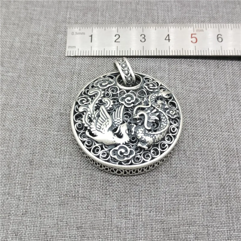 1 Piece Phoenix and Dragon Round Pendant in 925 Sterling Silver for Necklace Making