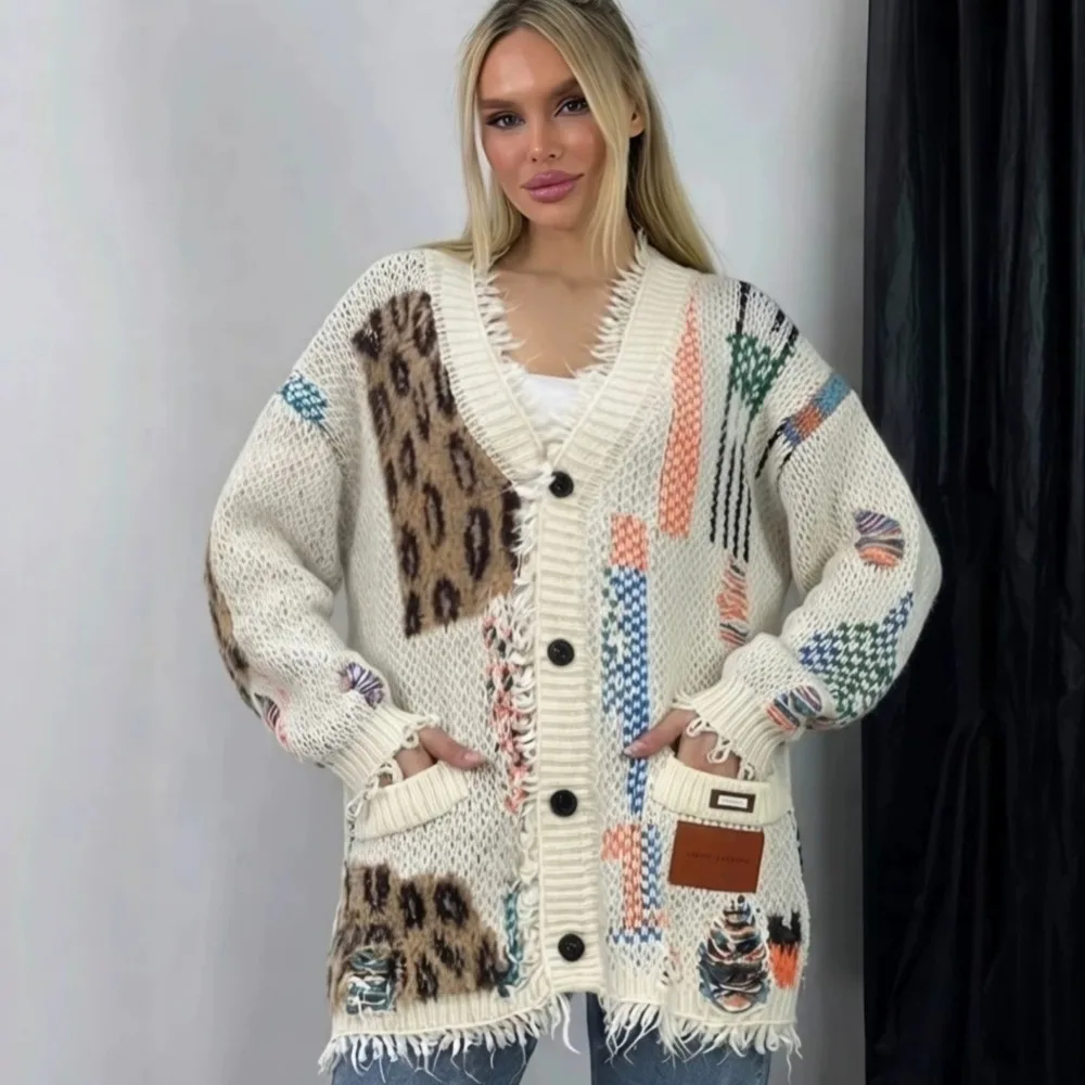 Leopard Print Splicing Knitted Cardigan Women's Autumn and Winter Loose Lazy Wind V-neck Sweater Jacket Texture Unique Fashion