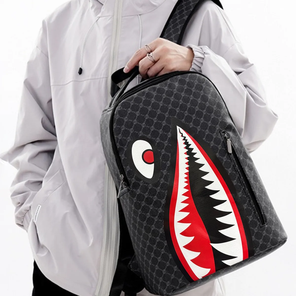 حقيبة ظهر رجالية مستوحاة من القرش - حقيبة نهارية كاجوال للأعمال بسعة كبيرة، حقيبة مدرسية جامعية أنيقة للحرم الجامعي