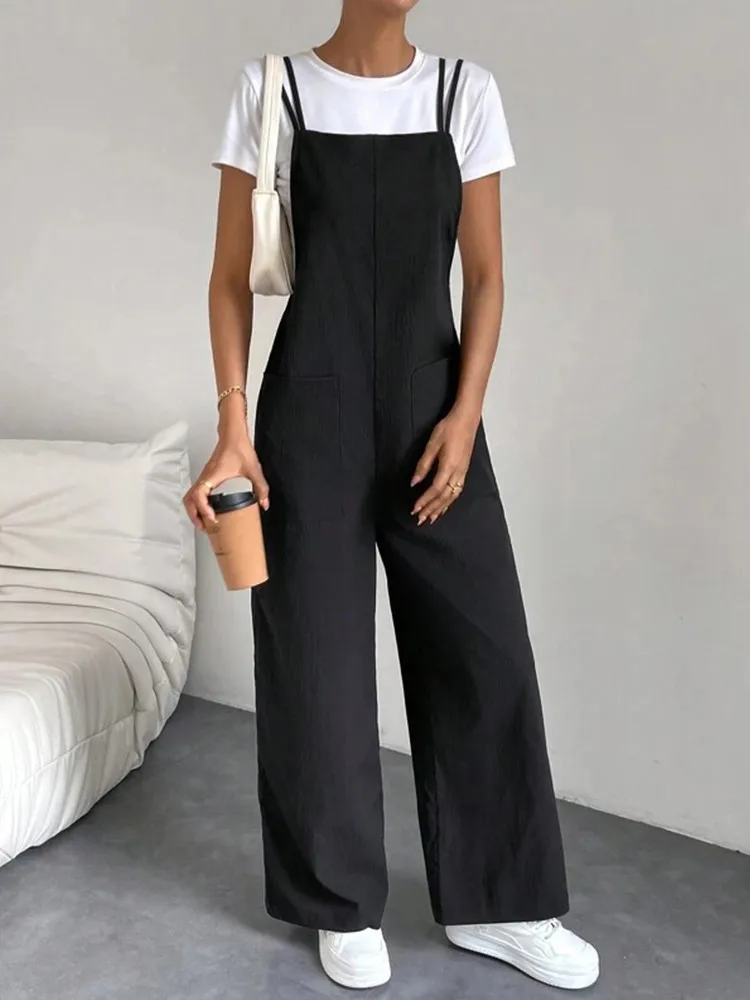 European and American Suspender Jumpsuit Women\'s 2024 Summer New Fashion Casual Solid Long Wide Leg Women Overalls Jumpsuit