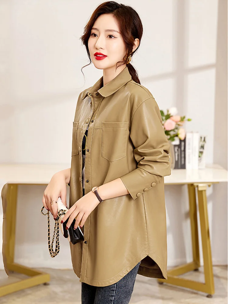 New Women Spring Autumn Shirt Style Leather Coat Casual Fashion Turn-down Single Breasted Simplicity Loose Jacket Split Leather