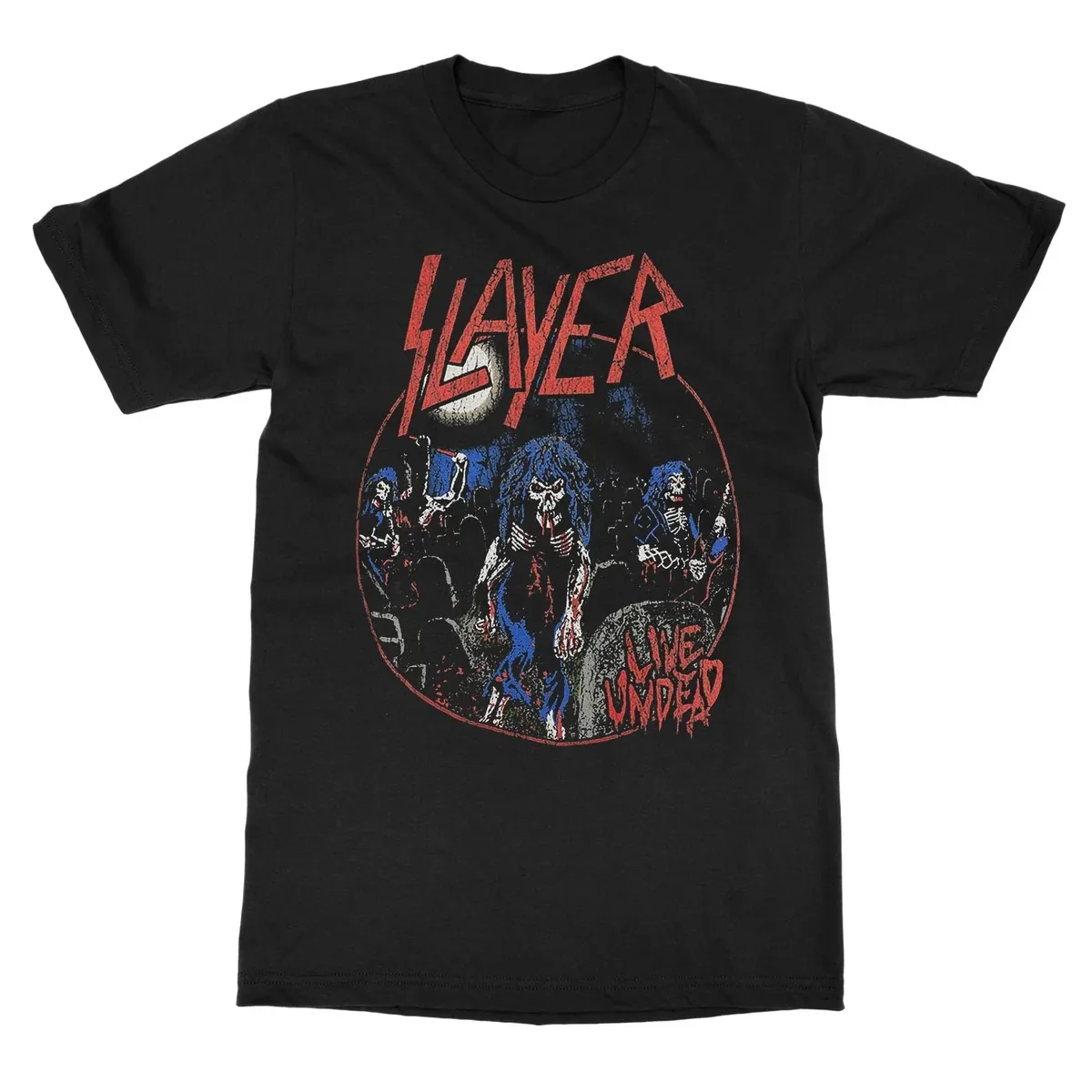 Slayer Hell Awaits Retro Monster Artwork Print T‑Shirt, Presents Vibrant Red‑blue Border Band Logo Vintage Demon Creature Fight
