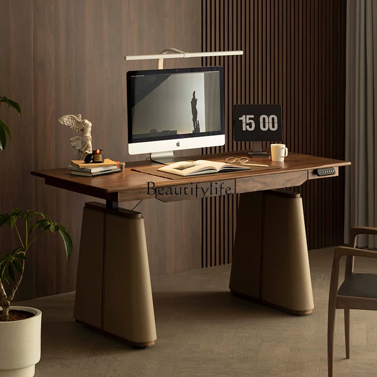 

Black walnut leather electric lifting solid wood desk computer home office writing desk