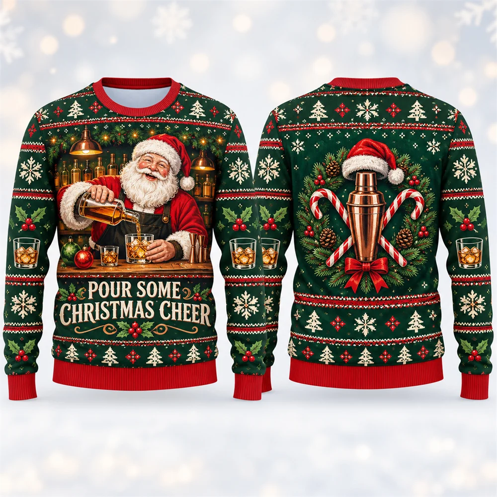 Santa Claus Enjoys Drinking Bar Beer Funny Ugly Sweater For Men Long Sleeve Humour 3D Print Pullover Sweatshirt Christmas Casual