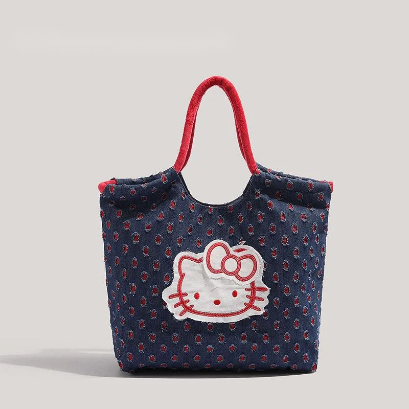 Sanrio Hello Kitty Women's Fashion Denim Sticker Handbag Large Capacity Casual Shoulder Bag Korean Style Niche Trend Tote Bag