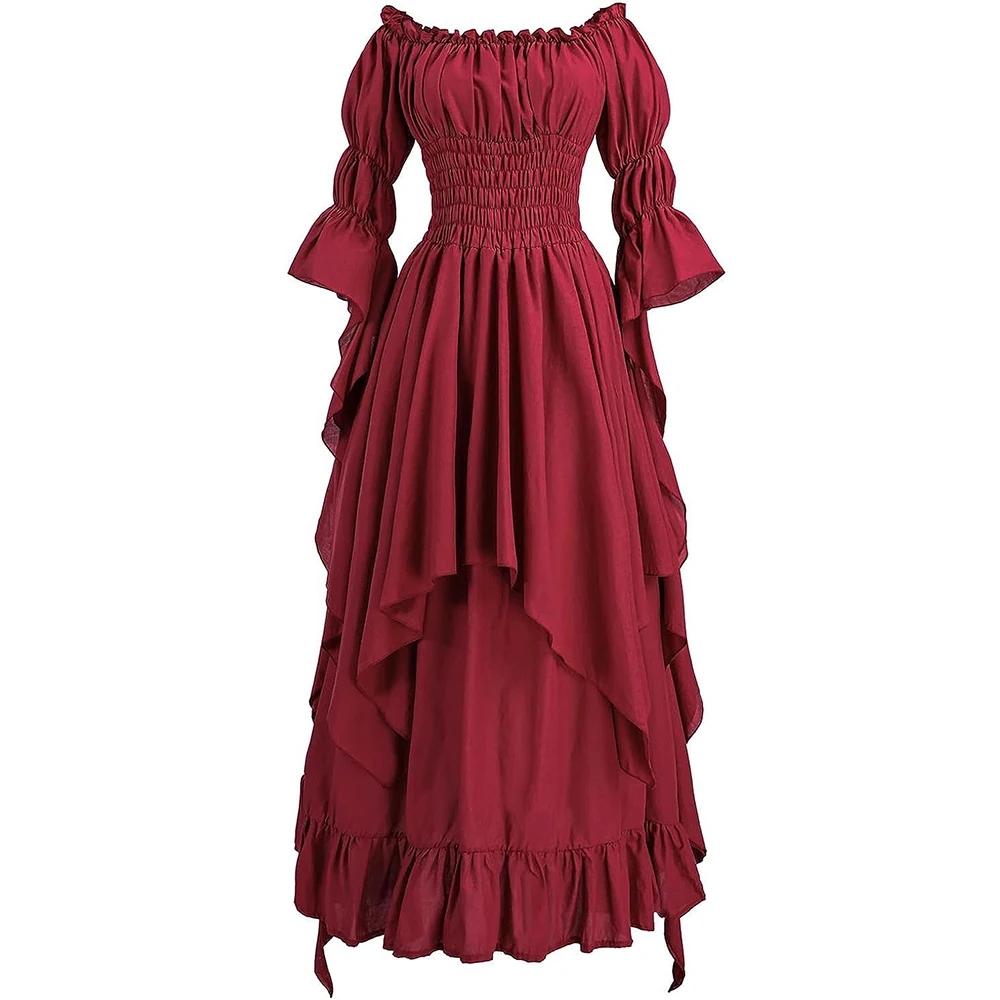 

Boat Neck 3/4 Long Flare Sleeves Pleated Victorian Dress Halloween Renaissance Costume Women Gothic Medieval Wedding Under Dress