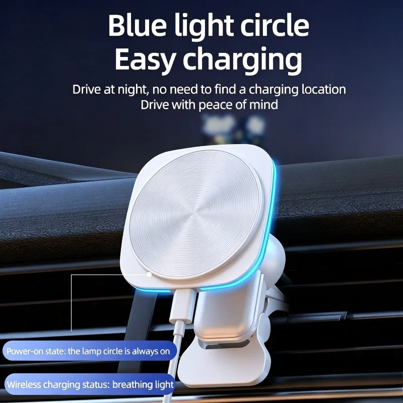 15W Magnetic Car Wireless Charger With LED Air Vent Clip Phone Holder For Magsafe iPhone 17 16 15 14 13 12 Pro Max Fast Charging view 2