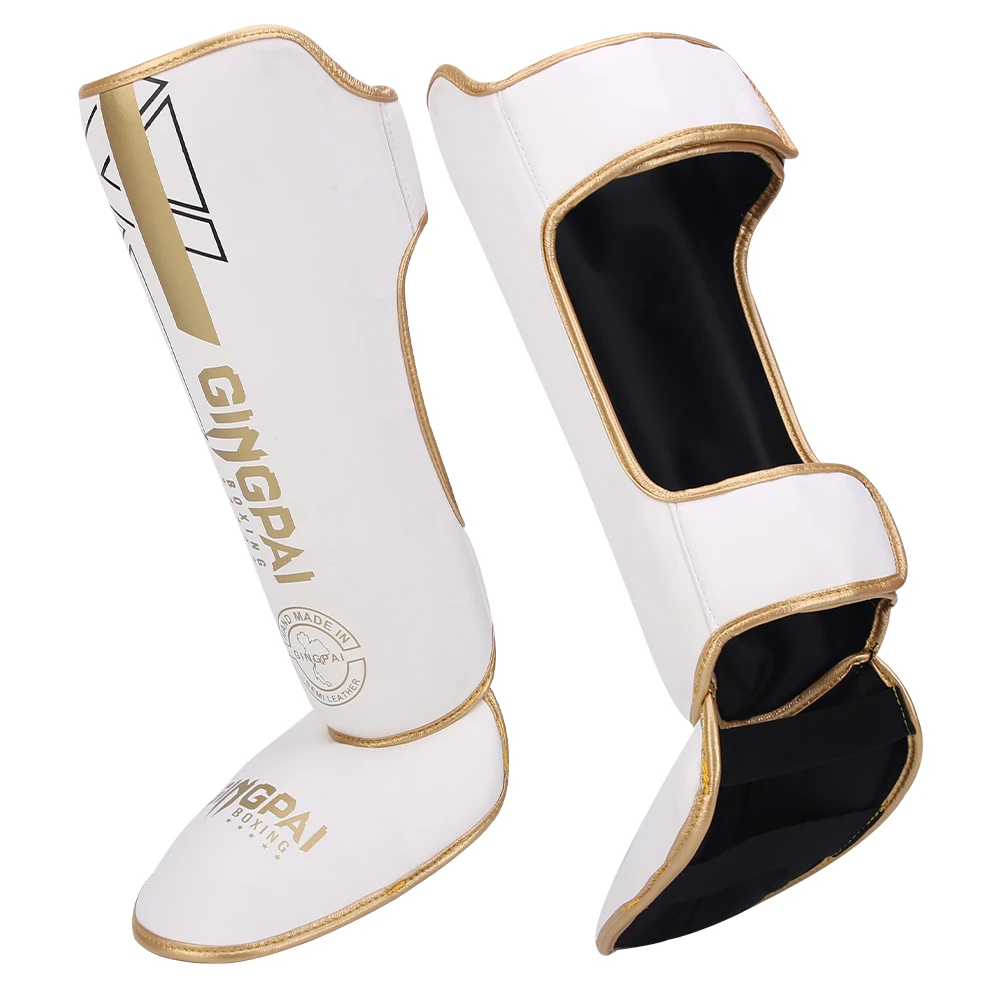 Gingpai 1 Pair HQ PU Leather Boxing Shin Guards Ankle Protector MMA Muay Thai Training Leg Warmers Light Kicking Shin Pads