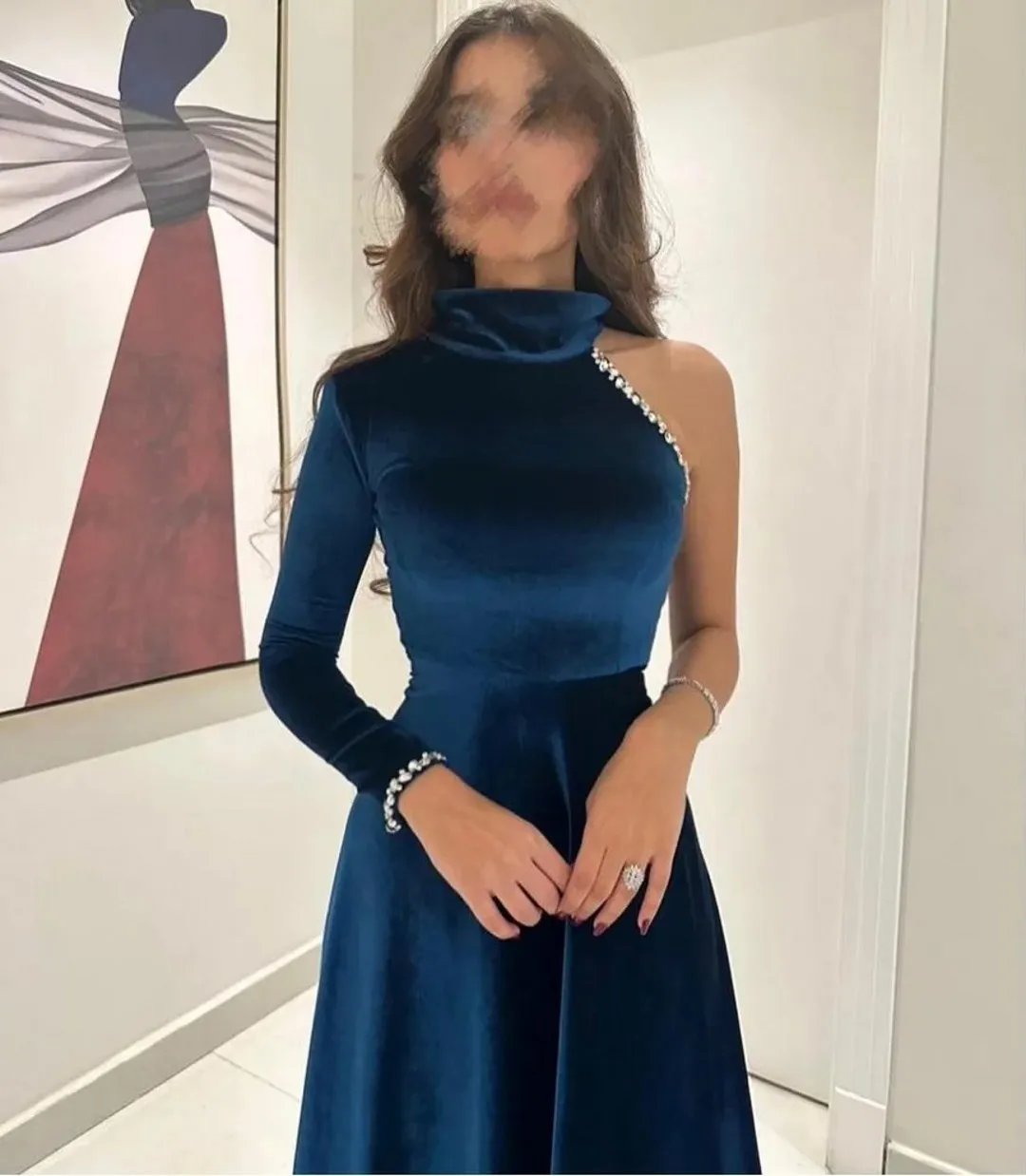 Elegantes marineblaues Abschlussball-Partykleid 2026, Stehkragen, eine Schulter, Kristallperlen, Samt, A-Linie, Abend, Geburtstag, formelle Kleider
