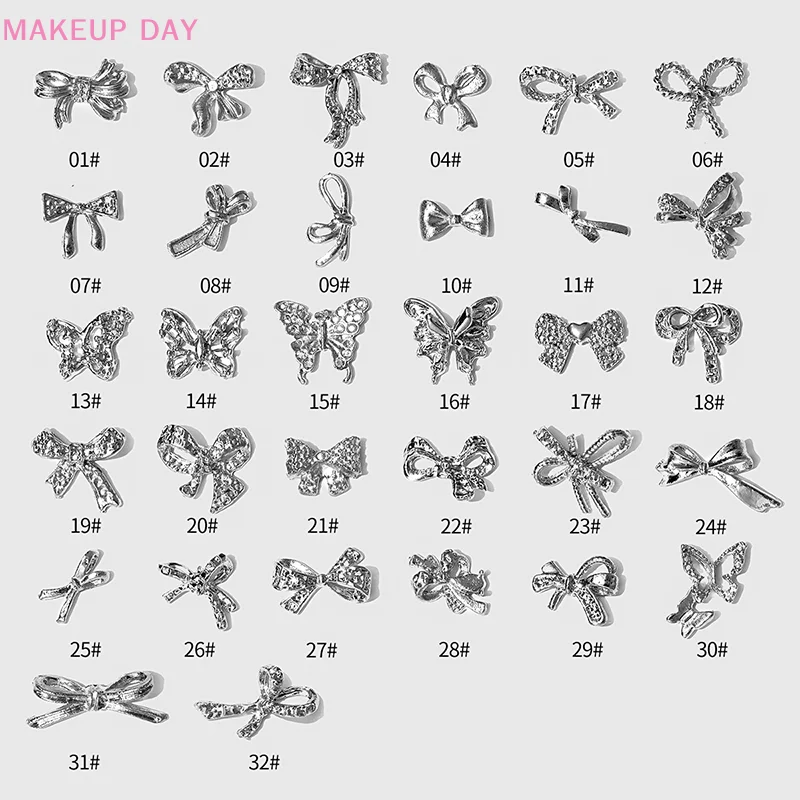 간단한 얇은 나비 매듭 활 타이 실버 트위스트 합금 네일 아트 라인석 장식, 매니큐어 참, 10 개