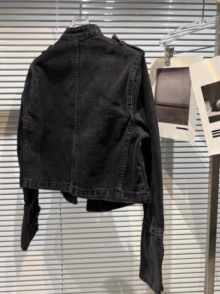American Vintage Long Sleeve Cropped Denim Jacket Stand Collar Metal Double Breasted Denim Coat Bodycon Button Patchwork 2026 view 2