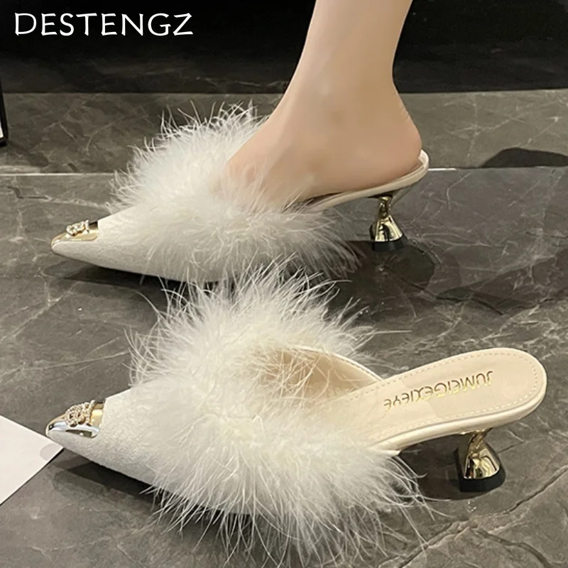 Fur Women Pointed Toe Shoes Slippers Suede Chunky Mid Heels Slides Shoes Plush Woman 2025 Spring Trend Fashion Cozy Zapatillas