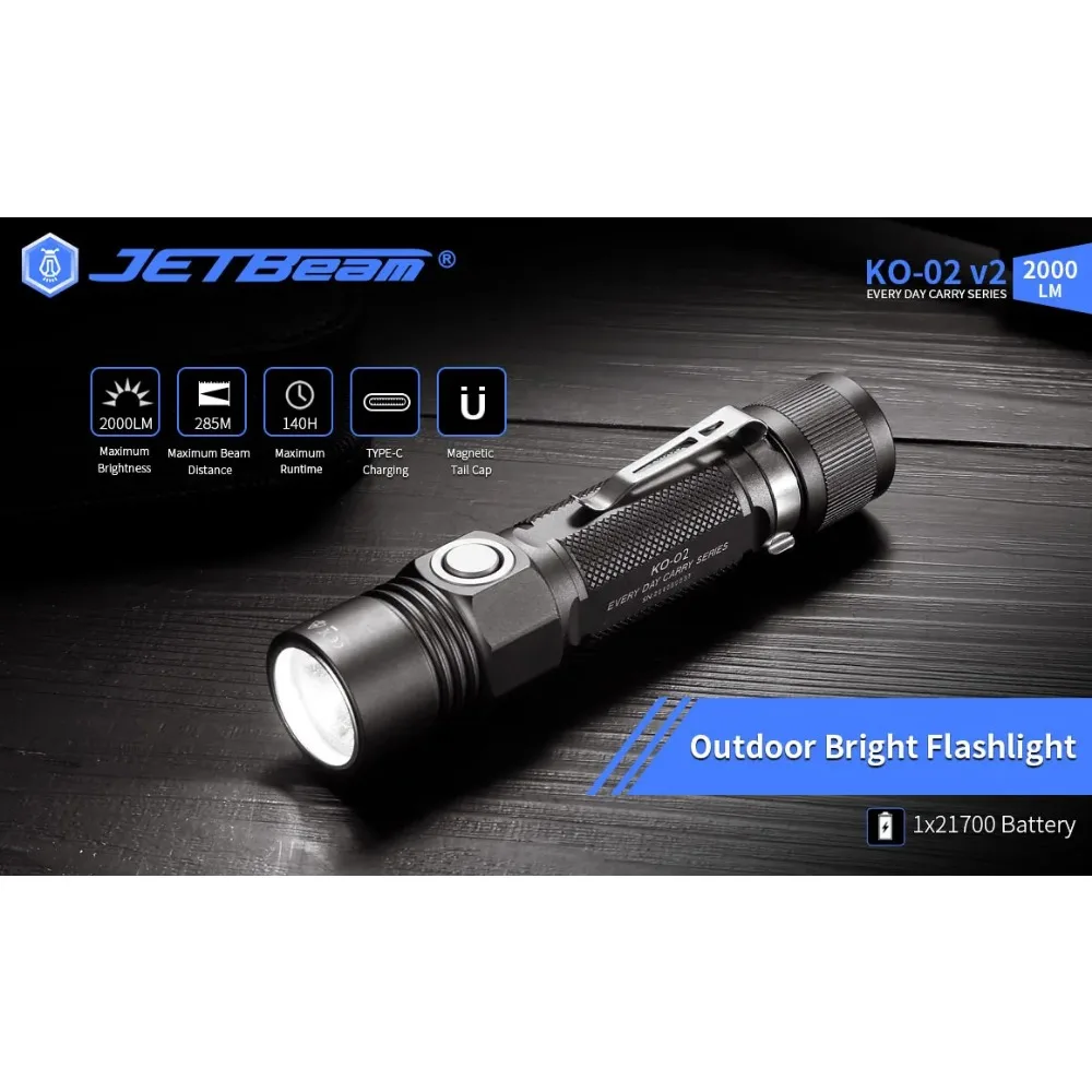 Jetbeam KO-02 V2.0 2000 Lumen USB Type-C Rechargeable LED Flashlight Compatible with 21700 Battery High-Intensity Portable Light