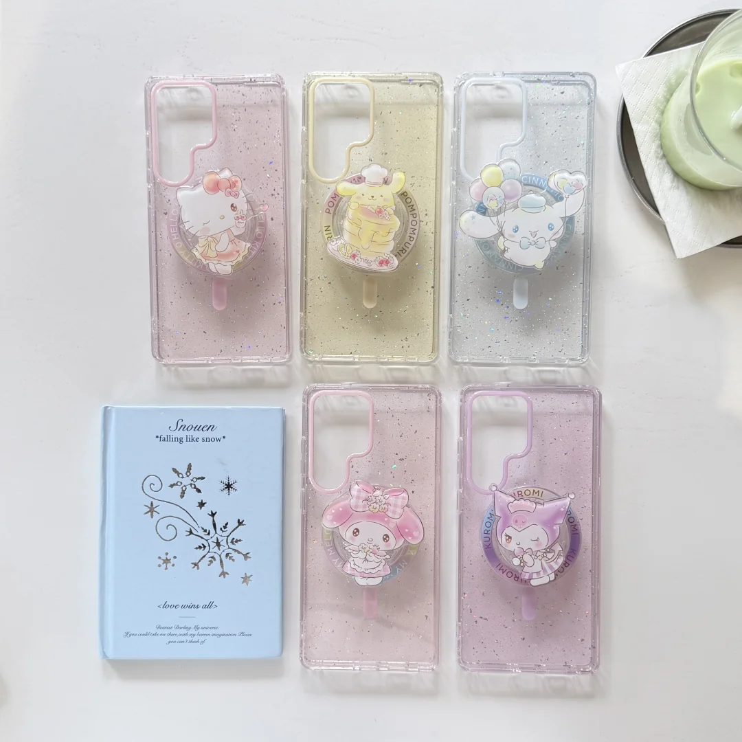 

Hello Kitty Kuromi Magnetic Ring stand Case For Samsung Galaxy S25 Ultra S24 FE S23 Plus Bing sequin Glitter back Cover