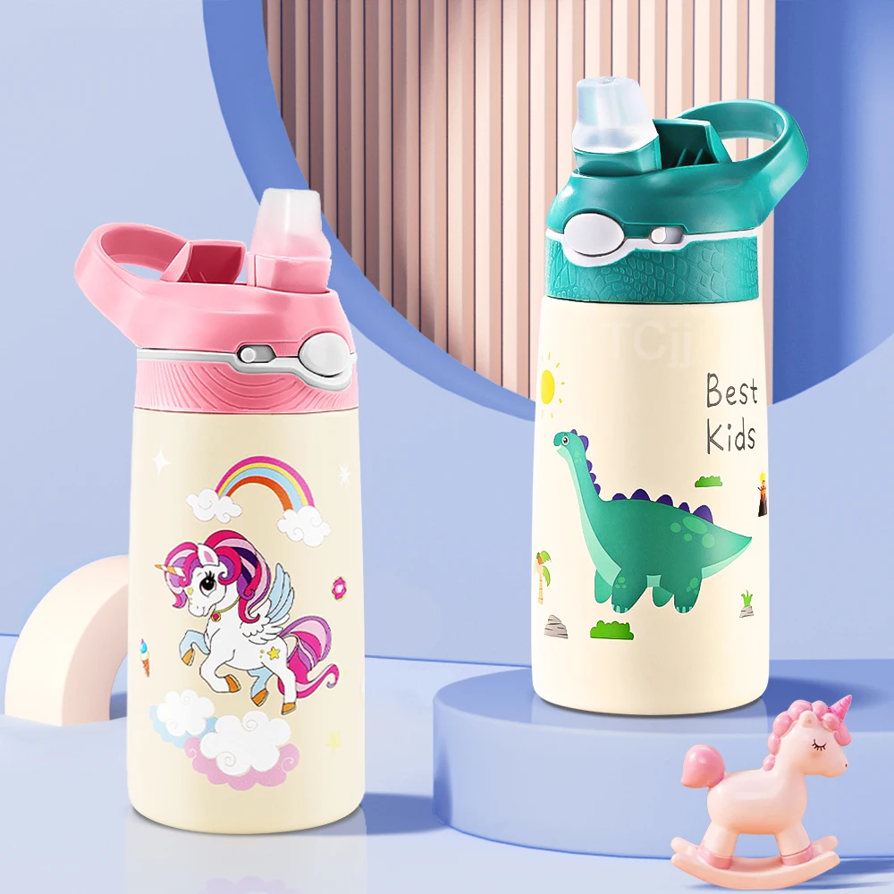 

400ML Kids Water Bottle Cartoon Animal Children's Cup With Straw Stainless Steel Vacuum Flacks Thermos Bottle Thermal Mug Cups