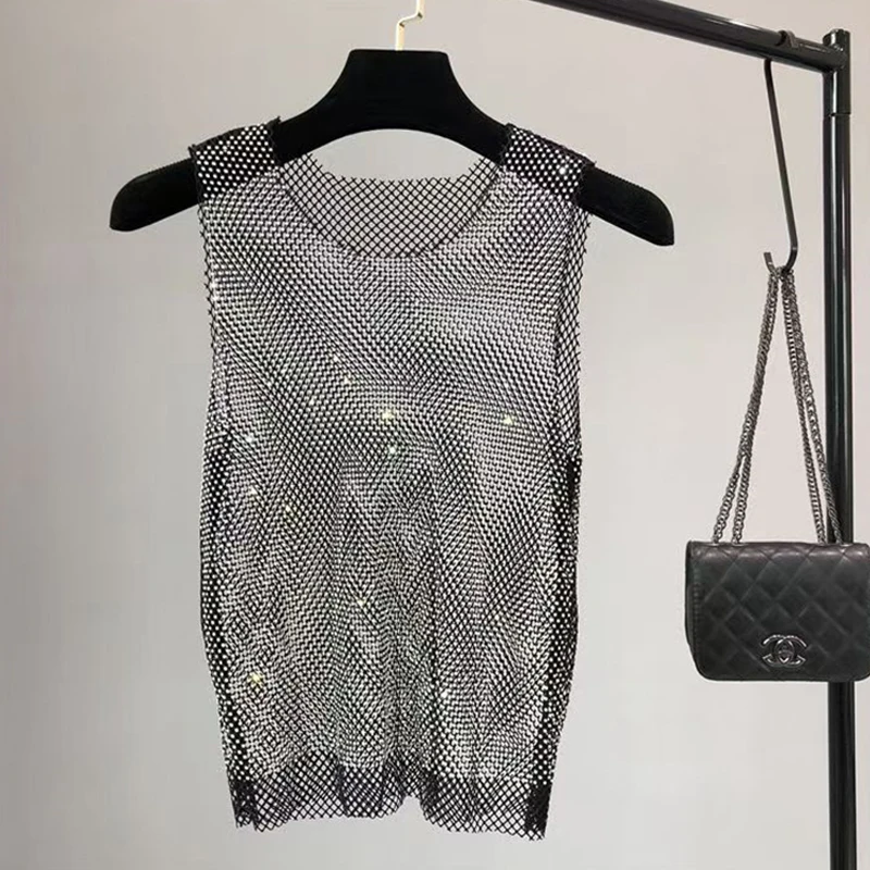 Herren Tanktop aus Netzstoff mit Strasssteinen, durchsichtiges Netzoberteil, glitzerndes Diamant-Design, sexy, figurbetont, ideal für Bodybuilding, Festival, Rave, Y2K-Outfit. – Detail 4