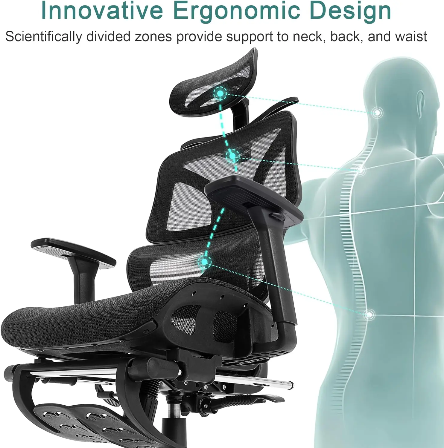 Ergonomic High Back Mesh Office Chair with Retractable Footrest, Adjustable Backrest, Tilt Function, 3D Armrests & Headrest