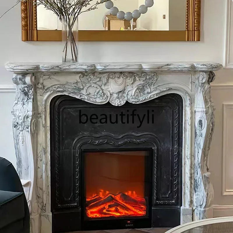 

55Marble fireplace large white stone French living room stone fireplace ornament decorative cabinet