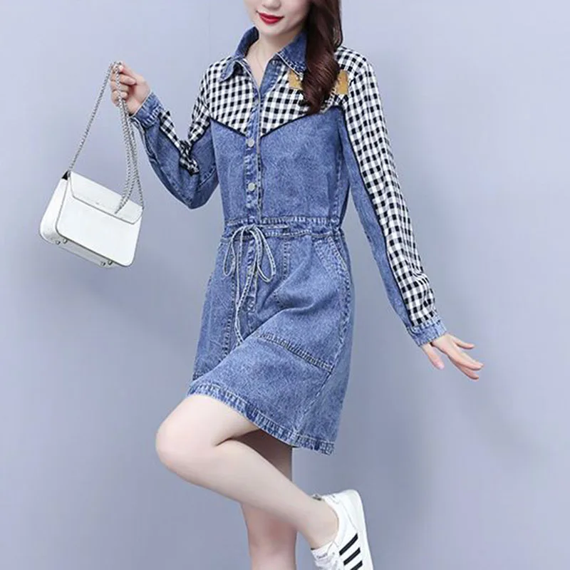 New Women's Plaid T-Shirt Denim Dress Spring Autumn Loose Casual Long-Sleeved Dresses Long Oversized Fashion Female Dresses 5XL