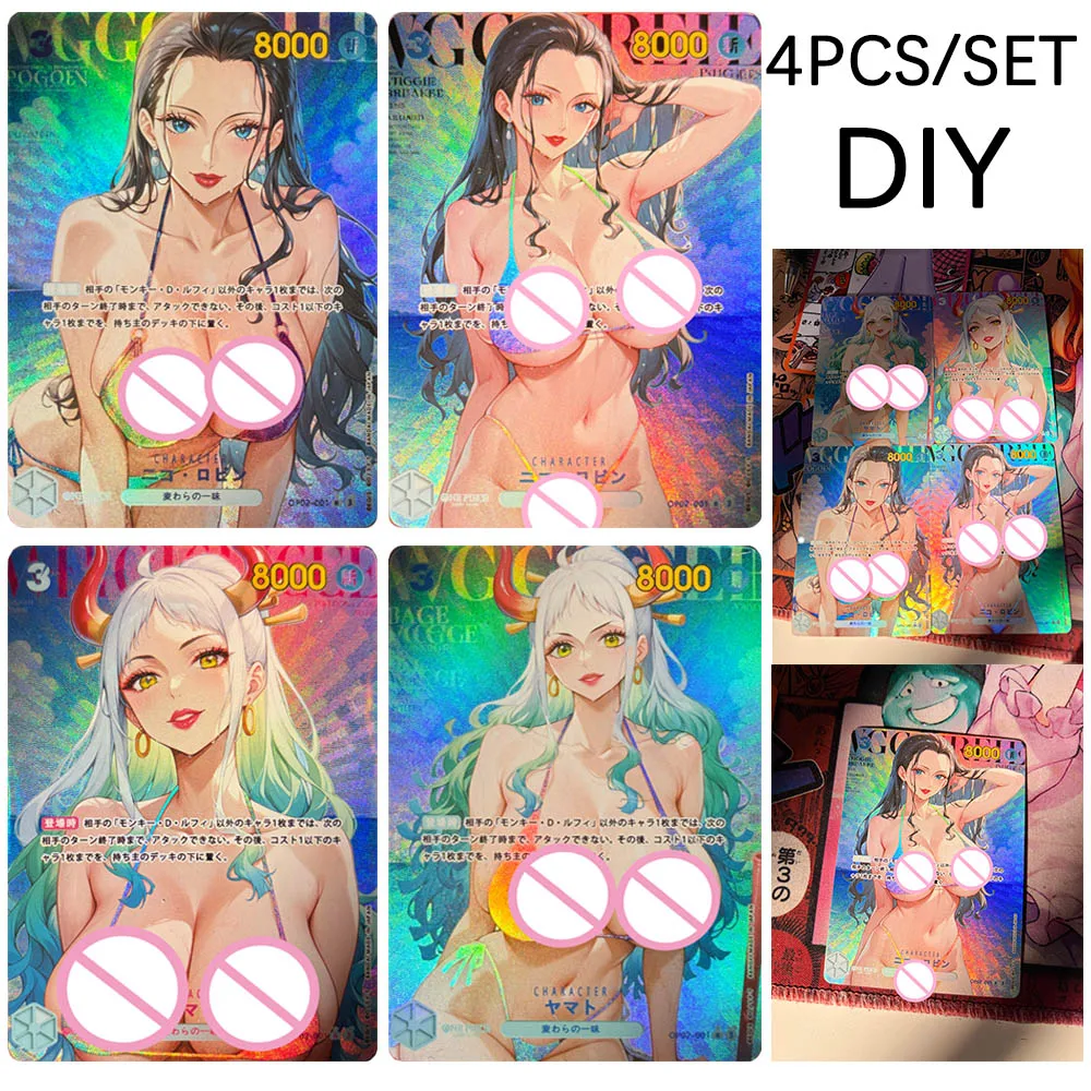 

One Piece DIY 4PCS/SET homemade Yamato Robin Hancock Swimsuit Nami Textured Glitter Holographic Collectible Cards Holiday Gift