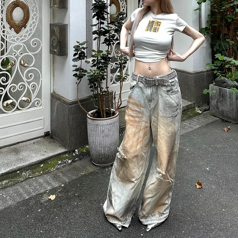 2024 Autumn Women's Harajuku Casual Style Jeans Vintage Gradient Loose Washed Pants Y2K Wide Leg Ripped Baggy Denim Trouser