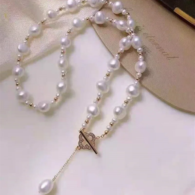 

Freshwater Baroque White Irregular Pearl Fashion Necklace Women With Clover OT Clasp