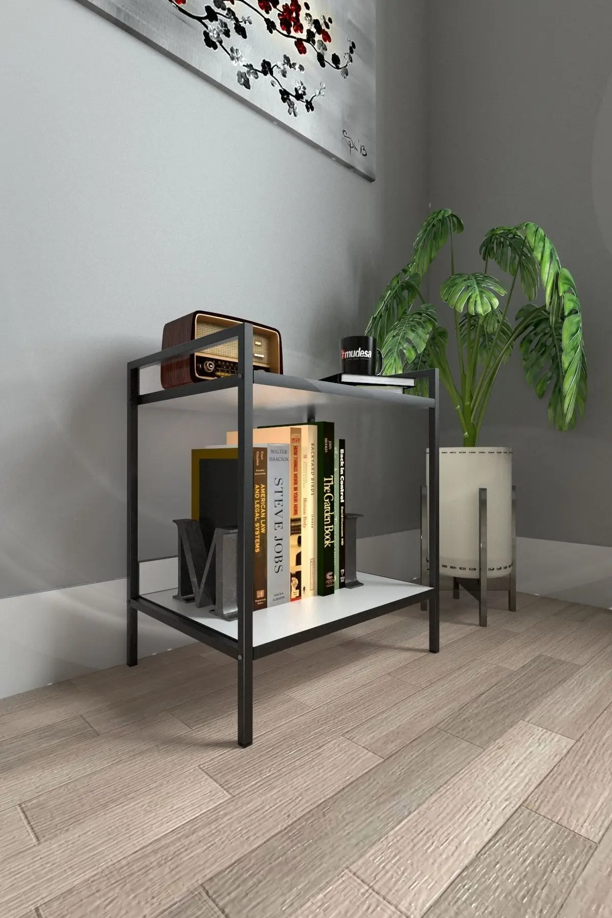 Modern Dresser Metal Wooden Nightstand With Two Shelves Metal Floor Standing Rack Bookshelf Coffee Table