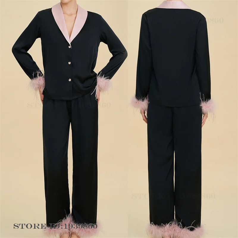High Quality Women's Pajamas Set Loungewear Silky Satin Imitation Cellulose Acetate Sleepwear Pijamas Suit Elegant Homewear