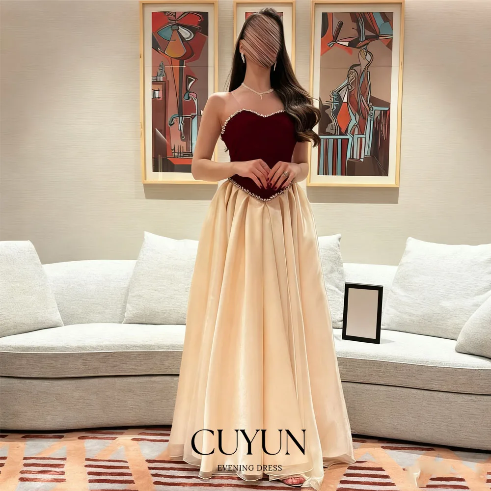CUYUN Women Saudi Prom Dresses Beading Strapless Burgundy and Cream Patchwork Evening Gown Customized Long Party Dresses Banquet