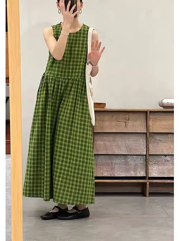 กระโปรงทรงเอวสูงผ้าฝ้ายลายสก็อตสำหรับผู้หญิงไซส์ใหญ่ ดีไซน์สายเดี่ยว ทรงเข้ารูป เหมาะสำหรับใส่ทำงานหรือใส่เที่ยวช่วงฤดูร้อน...