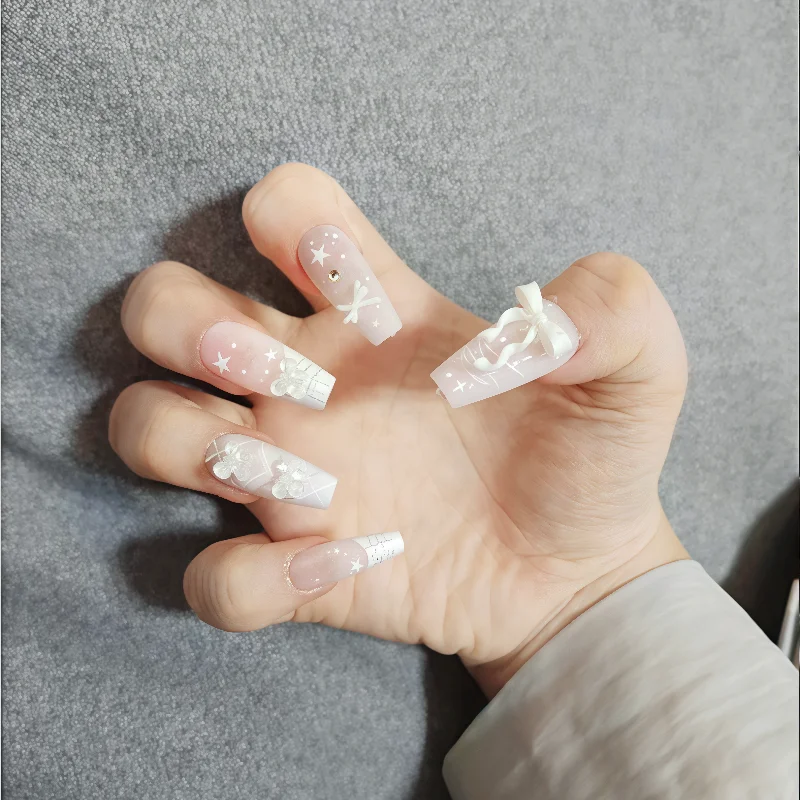 

24pcs Fake Nails Pink Cute Girly Lace Sparkling French Style Star Bow Press-On Nail Tips Perfect for Gifts To Girls and Friends