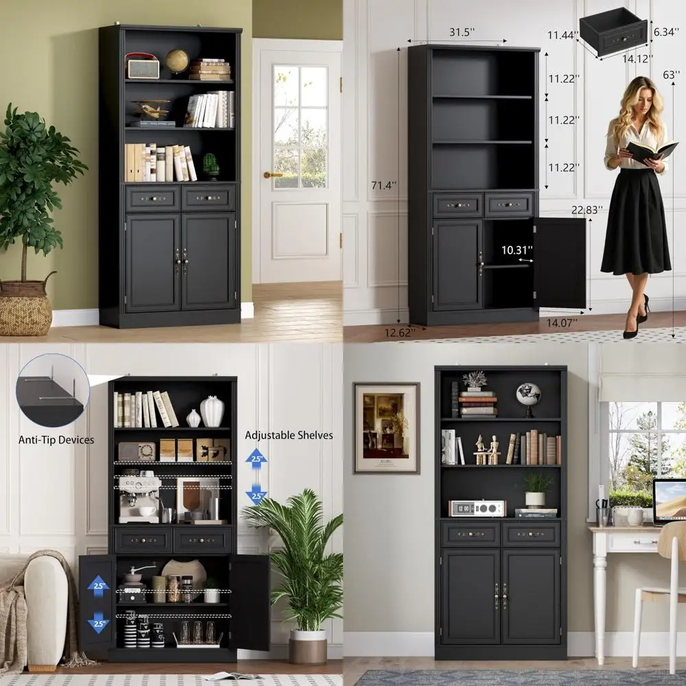 5-Tier Standing Bookshelf with Storage Cabinet and Drawers, Adjustable Shelves and Metal Handles