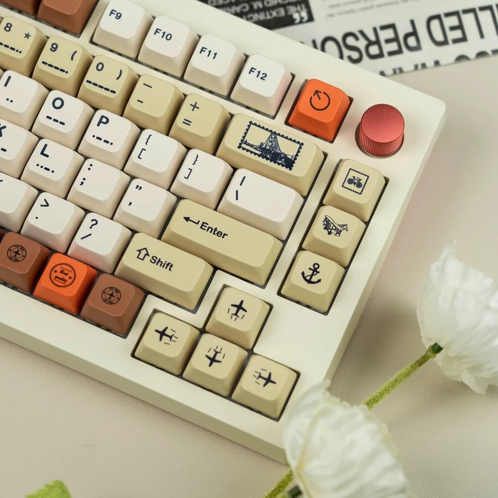 Vintage Stamp Themed Keycap 146key PBT Custom Retro Personalized Keyboard Cap MDA Profile Gaming KeyCap for Mechanical Keyboard