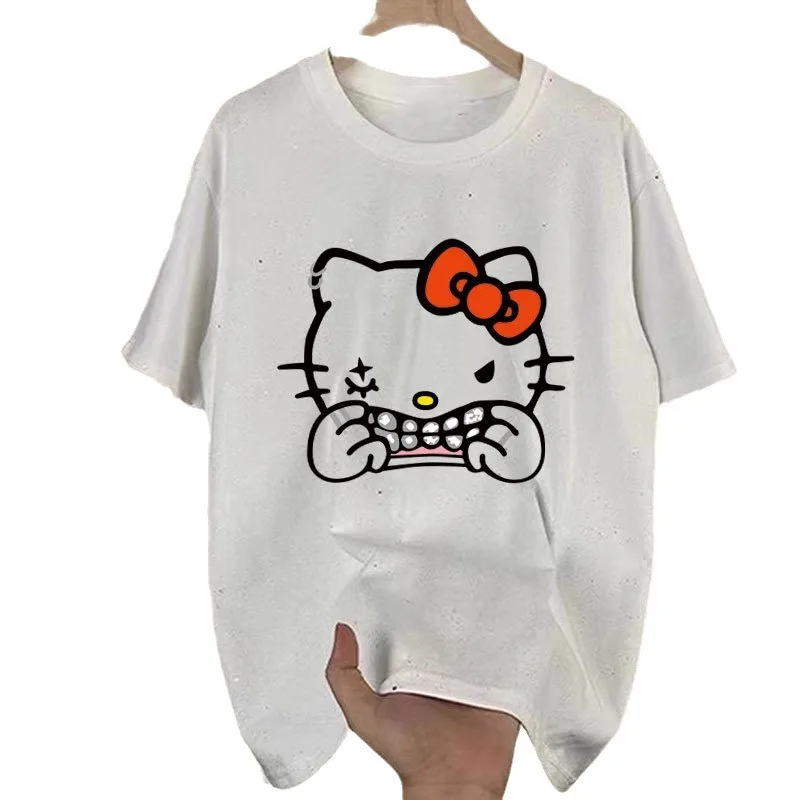 Sanrio kaus kartun Hello Kitty pria dan wanita, atasan desain berlian Kawaii kasual leher O gaya sama untuk lelaki dan perempuan