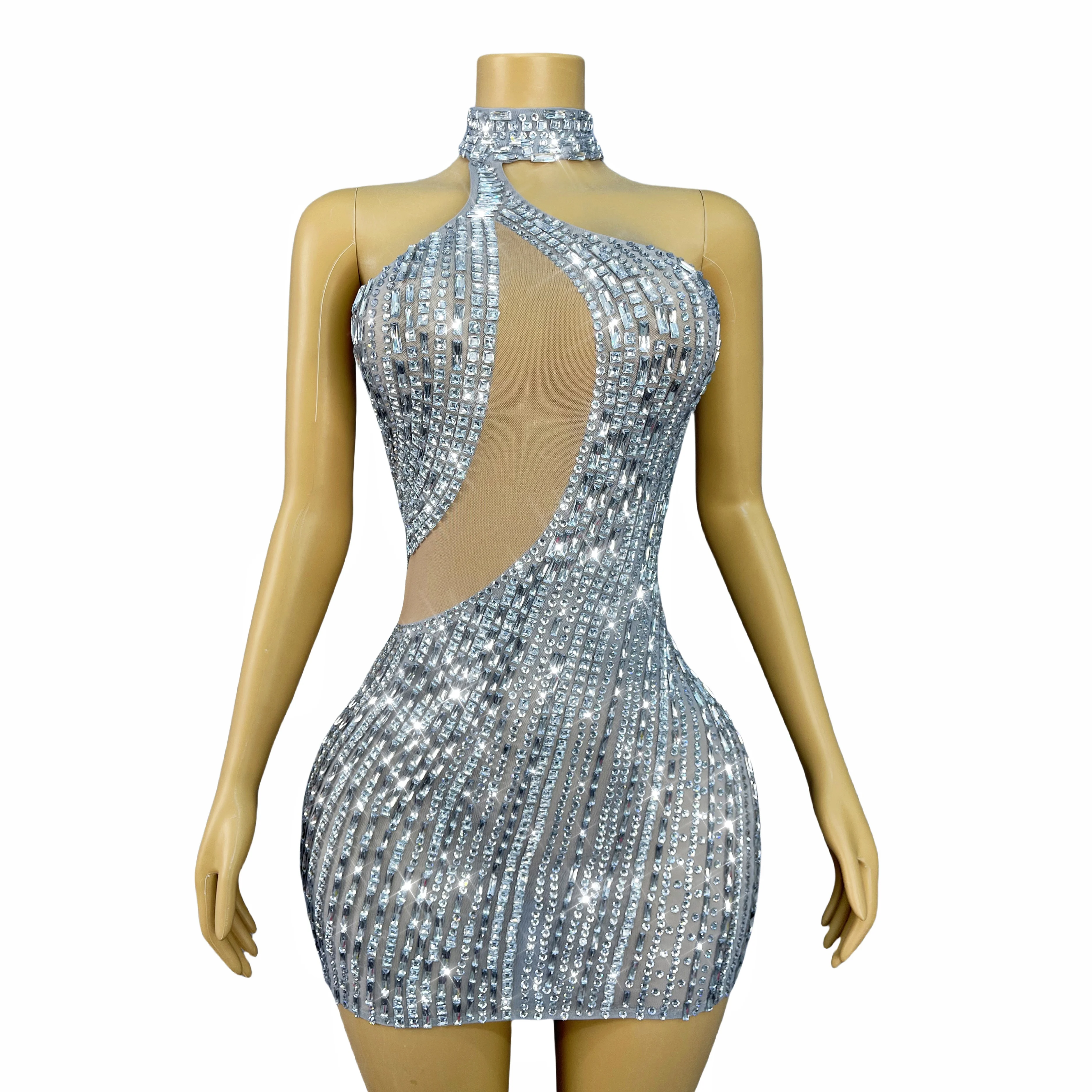 ชุดเดรสตาข่ายประดับคริสตัลสีเงินระยิบระยับหรูหรา ทรงเข้ารูป สำหรับงานเลี้ยงกลางคืน งานเฉลิมฉลอง งานแสดงแฟชั่น ยี่ห้อ Yueya