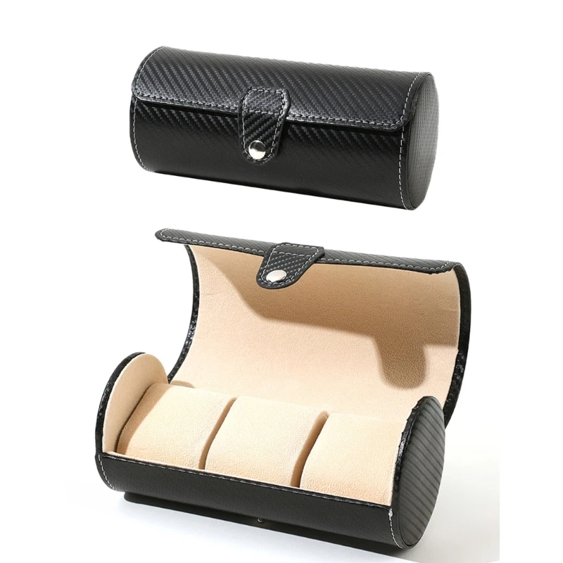 Travel Carbon Fiber Cylinder Watch 3 Grids Roll Travel Watch Box Watch Display Storage Box with Pillows Holder